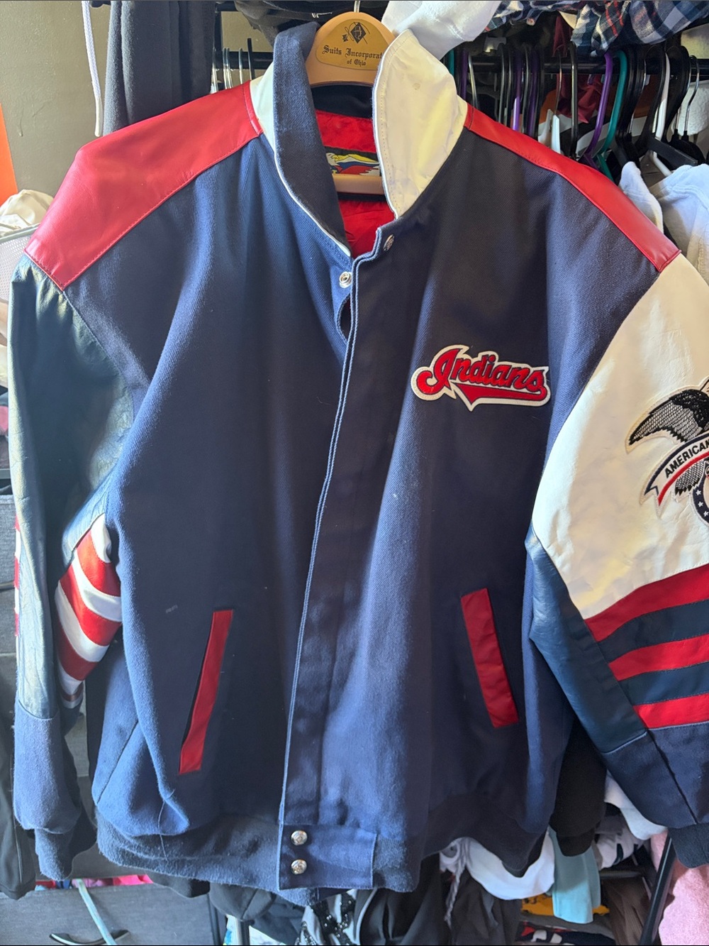 Source Unknown Navy Red White "Indians" Bomber Jacket